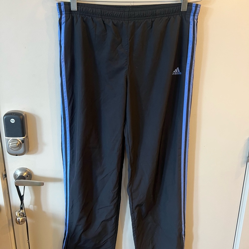 Adidas Black Track Pants with Blue Stripes